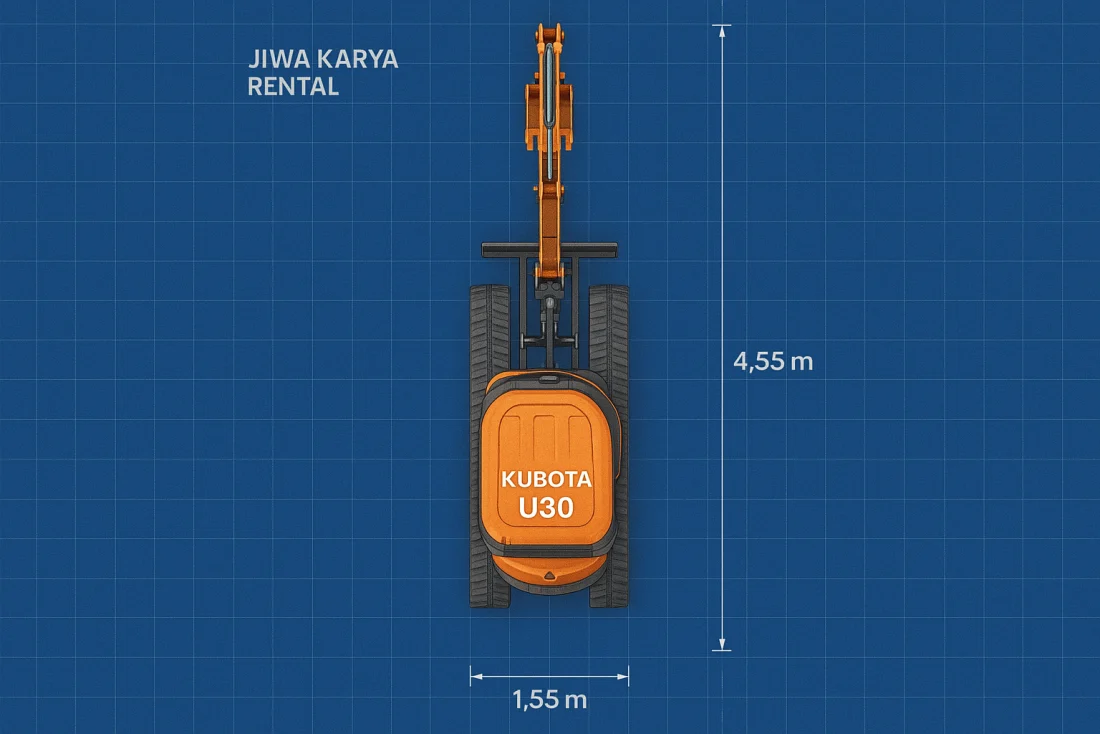 План Kubota U30, вид сверху — ширина 1,55 м × длина 4,55 м