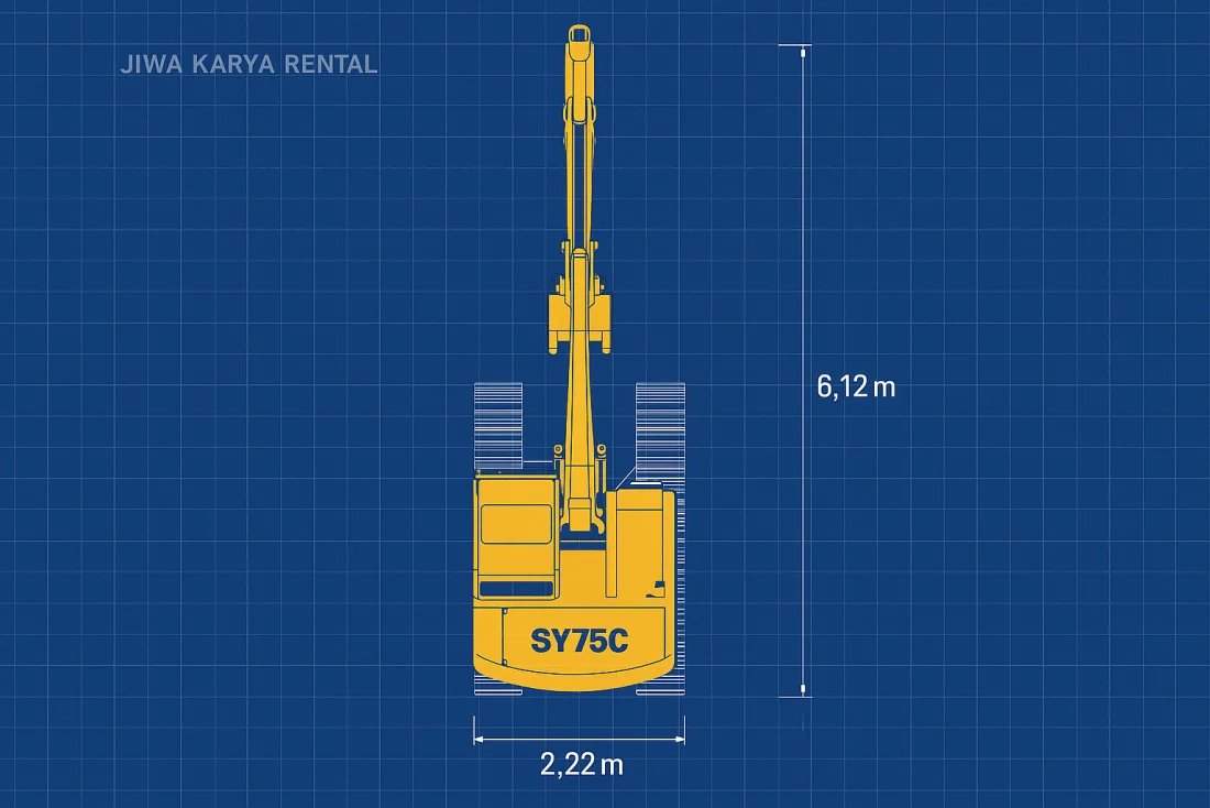 Top view plan of SANY SY75C — width 2,22m × length 6,12m