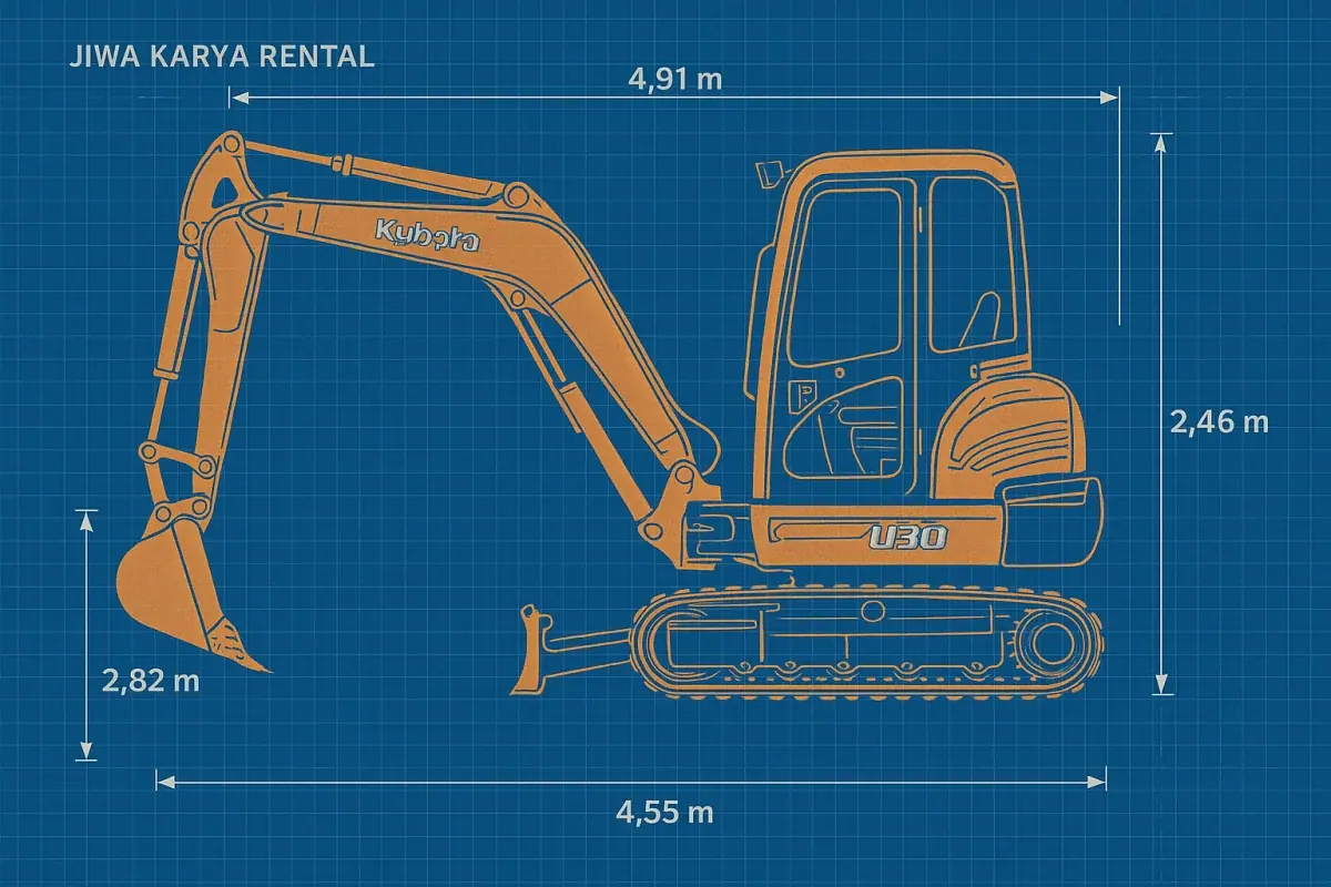 Чертёж Kubota U30, вид сбоку, с подтверждёнными габаритами