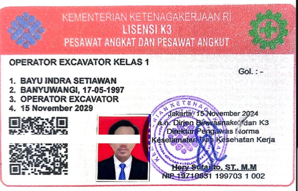 Lisensi K3 Operator Excavator Kelas 1 Kemenaker RI