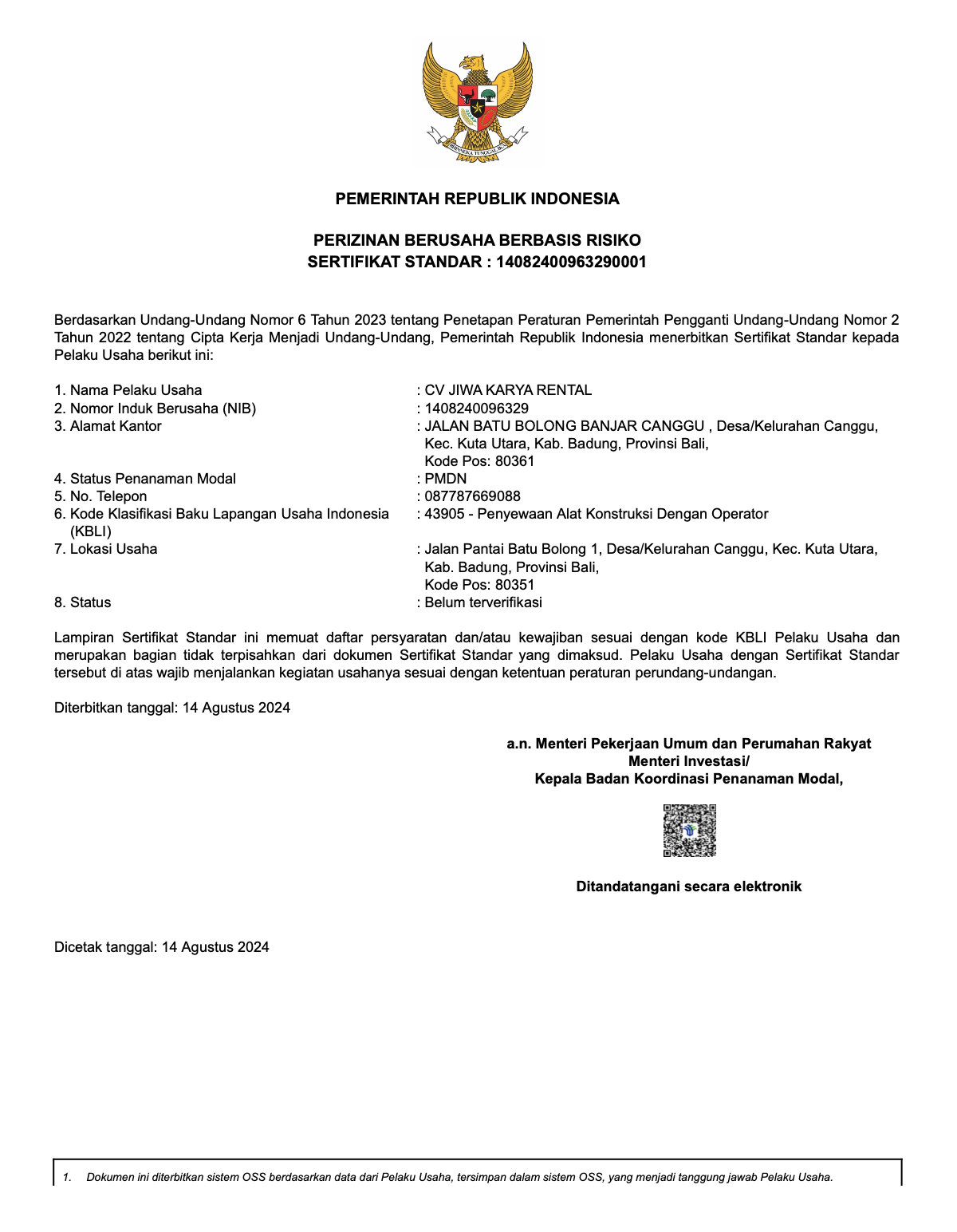 NIB CV Jiwa Karya Rental 1408240096329