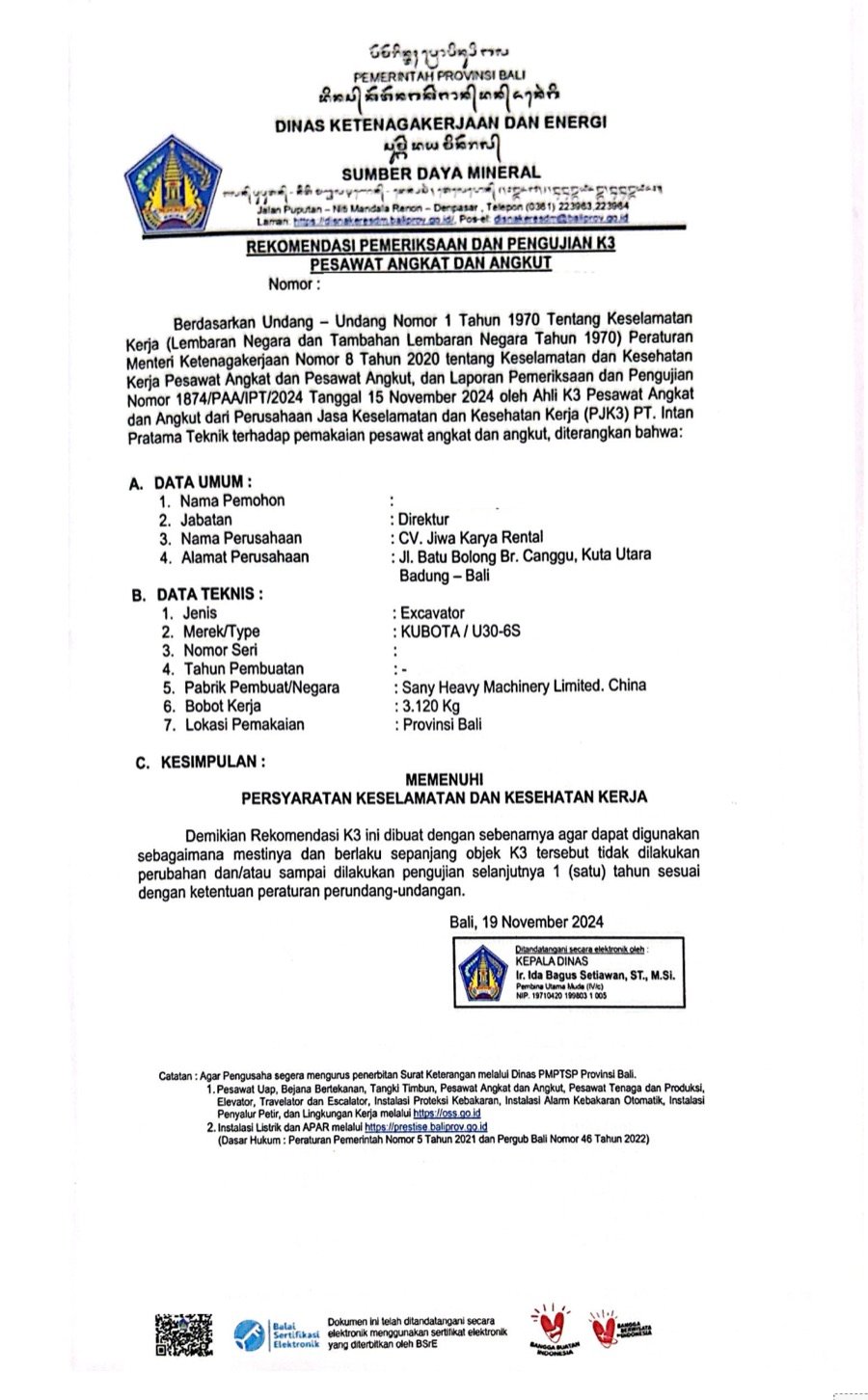 Surat Izin K3 Excavator Kubota U30-65 Dinas Ketenagakerjaan Bali