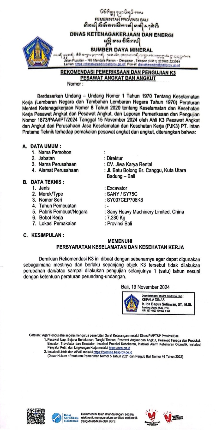 Surat Izin K3 Excavator SANY SY75C Dinas Ketenagakerjaan Bali